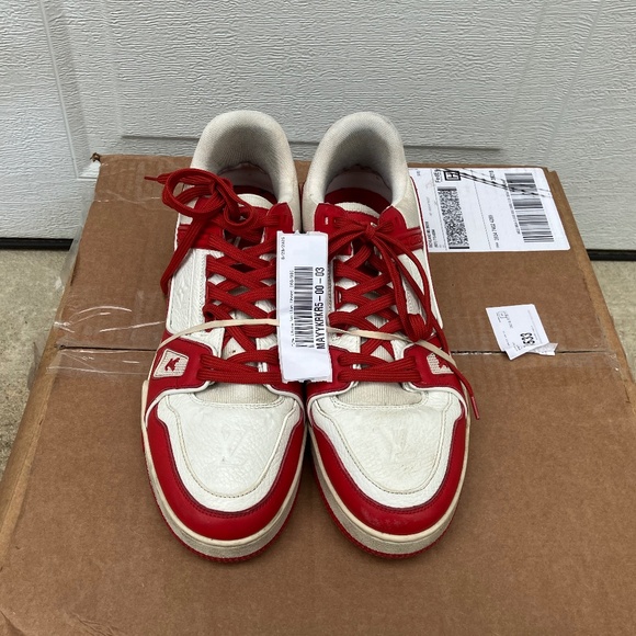 Louis Vuitton LV Trainer Sneaker Red White Leather Low Top Size 7 COA - Picture 1 of 9
